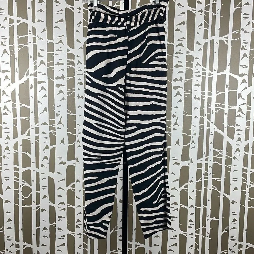 Linen Blend Zebra Print High Rise Paper Bag Waist Tapered Cropped Pants NEW 6